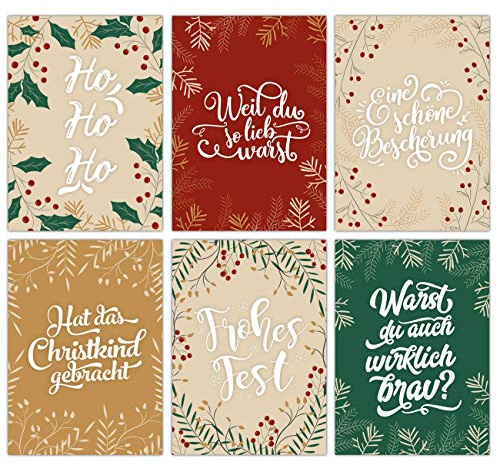 Papierdrachen Weihnachtskarten Set - 12 liebevoll gestaltete Postkarten zu Weihnachten - Kunstdruck zum Verschicken, Pakete dekorieren und Sammeln - Set 12 Handlettering