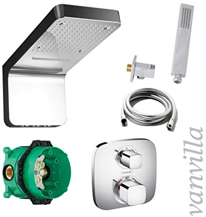 vanvilla Duschsystem mit Unterputz Duscharmatur von Hansgrohe Ecostat E Thermostat und vanvilla Regendusche mit Armatur, Duschkopf mit Schwall und Sprühnebel, Dusch-SET HG31 poliert