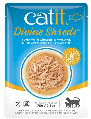 Catit Divine Shreds, Premium Katzenfutter, Trockenfuttertopping, Topping für Trockenfutter, mit Thunfsch mit Hühnerfleisch und Wakame, 1er Pack, 75g