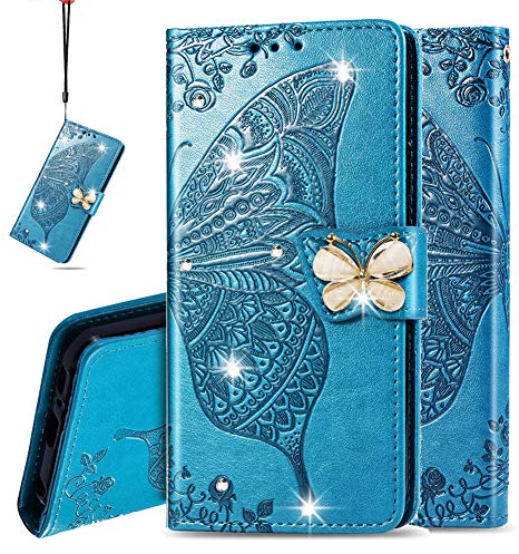 IMEIKONST Case für LG K50 Hülle Bling Diamant Geprägt PU Leder Mit Magnetisch Brieftasche Flip Ständer Schutzhülle Handyhülle für LG K50 / LG Q60 Cystal Butterfly Blue SD