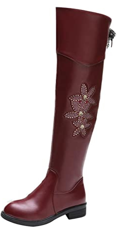 Stivali Donna Fiocco Zip Laterale Rotondo Ginocchio Tacco Quadrato Nudo Stivaletti Casual a Tubo Lungo (40,Vino)