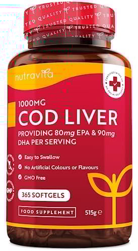 Lebertran Kapseln 1000mg - 365 Fischöl Kapseln - Hochwertiges Fish Oil - Hochdosiert Cod Liver Oil + Omega 3, Vitaminen A, D & E - Unterstützt die Herz- und Gehirngesundheit - Nutravita