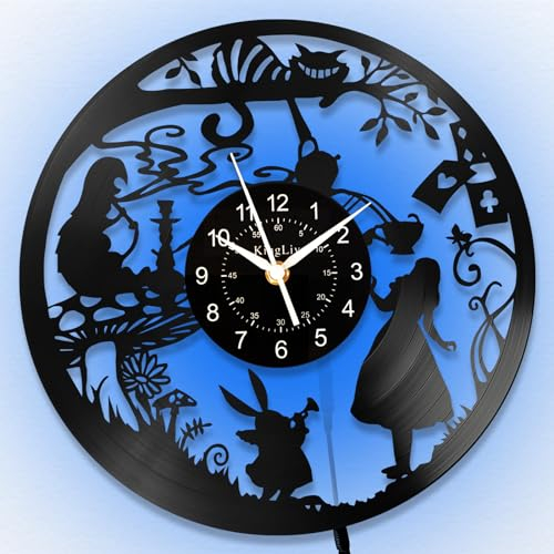 Horloge Murale en Vinyle Alice au Pays des Merveilles,7 Couleurs LED veilleuse Vintage, Motif Chat du Cheshire, décorations Cadeaux pour fête, Bureau, Cuisine, Salon, Chambre à Coucher