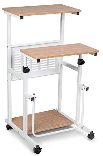 COSTWAY Computer Desk Height Adjustable, 2-In-1 Mobile Sit Stand Converter Lifting Desk with Wheels and Footrest, PC Laptop Table Study Home Office Workstation