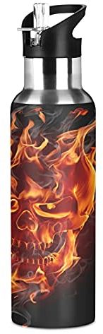 Bouteille d'eau de sport avec paille isolée sous vide, en acier inoxydable, motif tête de mort, pour adultes, femmes, hommes, enfants, filles, garçons, école, course à pied, 600 ml