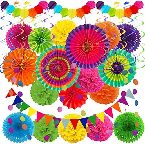 Recosis Fiesta Party Decorations, Multicoloured Paper Fans Pompoms Paper Balloon Garlands Hanging Swirls Decorations for Fiesta Gifts Mexican Cinco De Mayo Taco Birthday Party Supplies