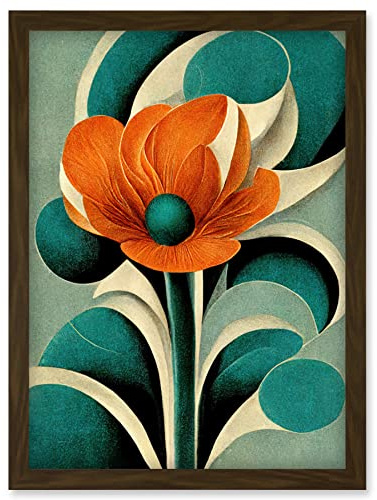 Doppelganger33 LTD Art Deco Poppy Flower Teal Orange Cream Artwork Framed Wall Art Print A4