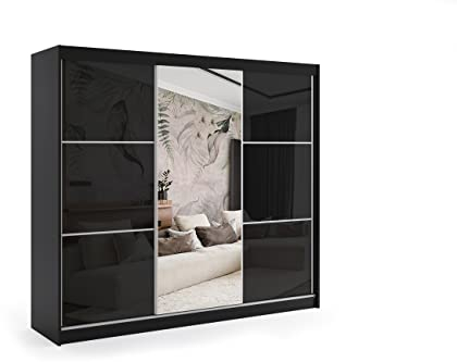 ALTDECOR Kleiderschrank mit Spiegel und Schiebetüren, kugelgelagerte Führungsschienen und Aluminium-Leisten, LED-Beleuchtung (weiß + 16 Farben) und Fernbedienung - VIVI - 240 cm Schwarz