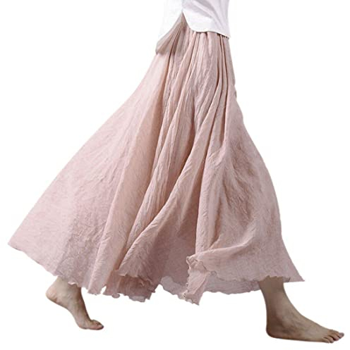Dresswel Damen Baumwolle Leinen Maxirock Boho Sommer Lange Rock Doppelt Layer Elastische Taille Faltenrock Frauen Einfarbig Langer Röcke