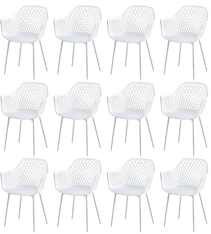 buybyroom 12er Set Esszimmerstuhl mit Armlehne Rückenlehne Metallbeine Küchenstuhl Essstühle Stuhl Sessel Kunststoffstuhl Sitzfläche für Küche, Schlafzimmer, Esszimmer, Weiß