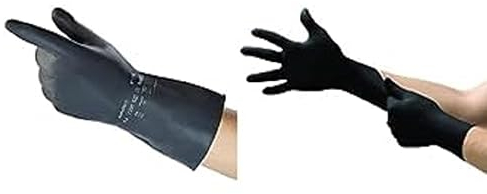 AlphaTec 87-118 Gants de Protection Chimique ,Résistance à l'Abrasion, Noir, Taille L (12 Paires) + Microflex 93-732, Gant Jetable En Nitrile, Pour Contact Alimentaire, Noir, Taille L (100 Gants)
