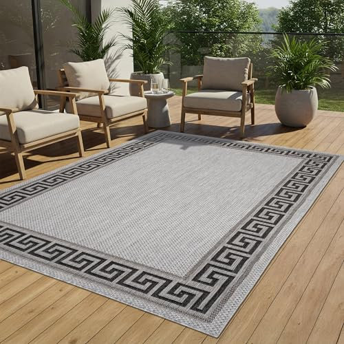 TAPISO Melissa Teppich Outdoor Grau Schwarz Griechisch Flachgewebe Indoor Wohnzimmer Küche Flur Balkon Terrasse Sisal Wetterfest ÖKO-TEX 160 x 230 cm