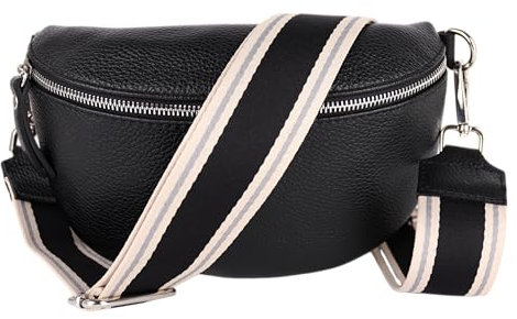 MIRROSI® Bauchtasche Damen, Echtleder, Made in Italy, Umhängetasche, Brusttasche, Crossbody Bag (1 Tasche & 2 Gurte) (Schwarz (Streifen Schwarz Beige), Große Tasche (28x18x9cm))