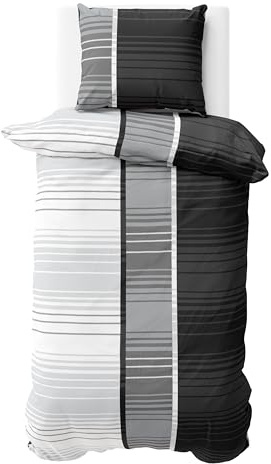 Visaggio 2 teilige Bettwäsche Set 155x200 cm Mikrofaser Bettbezug Anthrazit Grau Gestreift Streifen Bezug