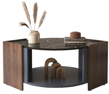 SHOSYEL Couchtisch mit Stauraum, Strukturierter Couchtisch mit Marmor und Nussbaum Kontrastfarben, Wohnzimmer Tisch mit einzigartigen Linien