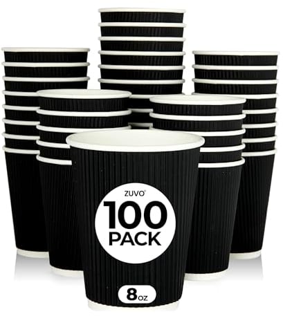 Zuvo Takeaway Coffee Cups 8 OZ - NO Lids - 100 Disposable Black Ripple Coffee Cups - Ideal for Takeaways