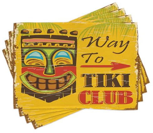 ABAKUHAUS Tiki Bar Platzmatten 8 Stück, Weg zu Tiki Club Vintage Poster Design Retro Grunge polynesischen exotischen Retro-Print, Waschbare Stoff Esszimmer Küche Tischdekorations, Dunkelgelb