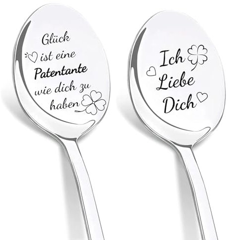 DIKARYA Patentante Geschenk Geburtstag, 2er Kaffeelöffel mit Gravur Glück ist eine Patentante wie Dich zu haben, Beste Patentante Geschenk Lieblings Patentante Löffel für Taufe Hochzeit Geschenke
