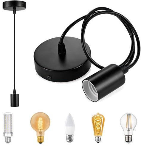 2-Pack Pendant Light Fittings, E27 Lamp Holder with Shade Locking Ring, Black Ceiling Rose with 100cm Adjustable Cable, Light Pendant Fitting, Black Light Pendant, Black Ceiling Light Fitting (Black)