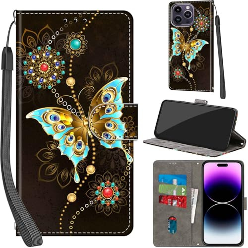 Haninsuze Case for iPhone 14 Pro Max 6.7-Inch, Green Butterfly | PU Leather, 3 Card Holder, Wallet Book Flip, Folio Stand View, Magnetic, Multi-Pattern Cover, Lanyard Strap