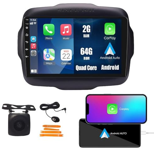 [2G 64G] Android Auto Stereo FM Radio Carplay Android Auto 9 Touchscreen Headunit Lettore multimediale con Fotocamera di backup per Jeep Renegade 2016 2017 2018 2019 2020
