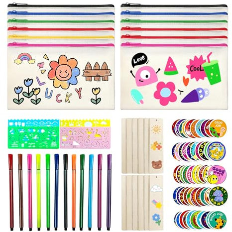 NVGVUP 12 Stück Leinwand Federmäppchen zum Bemalen, DIY Blanko Stoff Federmäppchen, 21 x 12 cm Stoffbeutel zum Bemalen Kinder, Kindergeburtstagsgeschenke Kinderhandwerk