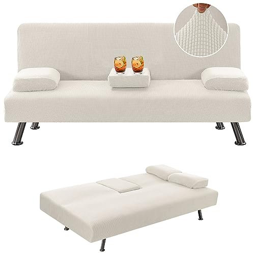 4 fundas elásticas para sofá cama con reposabrazos extraíbles, portavasos y función Click Clack, color blanco