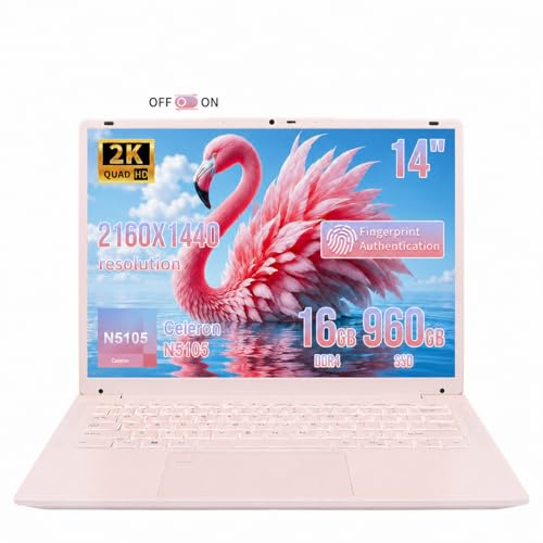 BINHENGLON,14.1 Inch Portable Laptop,Celeron N5105 Processor,16GB FHD(2160 x 1440) IPS,Fingerprint Unlock,180 Degree Hinge Design,Win 11 Pro PC,Fingerprint,Type-C,WiFi/BT 5.0(Pink,16G+960GB)
