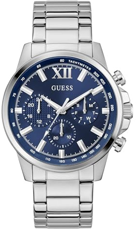 GUESS Herren Armbanduhr GD Walker mit Datumsanzeige, silberfarbenes Edelstahlarmband, Mineral Glas, schwarzes Ziffernblatt, 5 Bar, Gehäusedurchmesser: 44 mm, GW0900G4