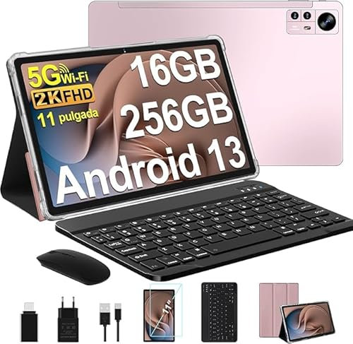 fezawio Tableta Android 13, 11 Pulgadas, 16 + 256 GB, Bluetooth 5.0, 2.4 / 5G WiFi, ratón + Teclado + Funda de Cuero, Rosa
