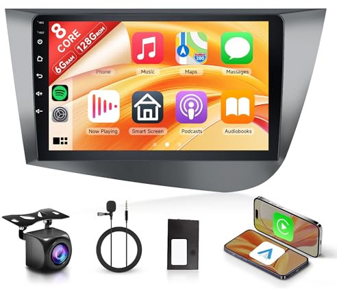 [8 Core 6+128G]Android Radio Coche para Seat Leon 2 MK2 2005-2012 9 Pulgada Pantalla con Inalámbrico Carplay Android Auto GPS WiFi Mirror Link Bluetooth FM/RDS/DSP Controles del Volante Cámara Trasera