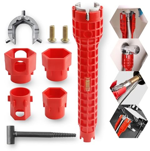 HMIEPRS 14 en 1 Juego de Llave de Grifo de Fregadero, Llave de lavabo Instalador Herramienta de Fontanería, Llave de Fontanero multifuncional para Espacios Reducidos Cocina Baño