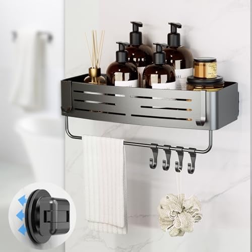 Duschregal Ohne Bohren mit Saugnapf, Eck-Duschablage mit 6 tragbaren Haken, Wasserdicht Badregal Abnehmbarer Bad-Organizer mit Handtuchhalter, grau