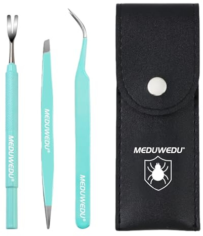 MEDUWEDU Tick Removal Tool Kit for Dogs, Cats & Humans – Stainless Steel Tick Tweezer, Fork & Dual-Head Clamp with Leather Pouch, Safe & Easy Tick Remover for Pets, Ideal for Grooming & Outdoor Travel
