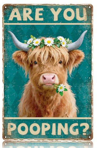 WADORN Lustige Metallschilder Fürs Badezimmer, 20x30cm Retro Blechschild Are You Pooping Highland Cow Nostalgische Metall Wanddekoration Für Zuhause Toilette WC Wohnung Waschraum Bauernhaus