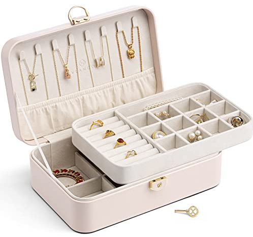 VLANDO Boite a bijoux Verrouillable à double couche, cadeau femme | Rangement bijoux pour bagues boucles d'oreilles, bracelets, colliers,rangement maison , Idee cadeau, Rose