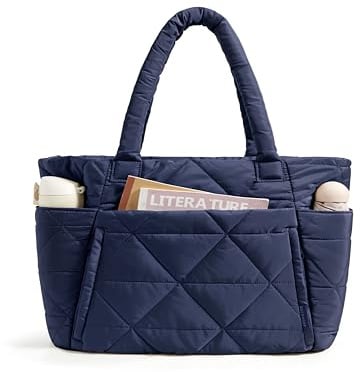 bagsmart Tote Bag for Women, Puffy Tote Bag with Zipper, Large Quilted Shoulder Bag with Compartments for Travel, Work, Gym