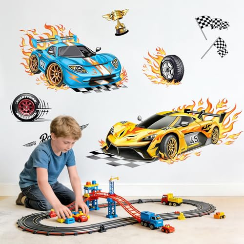 Tanlaby Wandtattoo Auto 3D Rennwagen Gelb Blau Jungen Wandsticker | Selbstklebend Dynamisch für Kinderzimmer Jungenzimmer Schlafzimmer Spielzimmer Teenagerzimmer