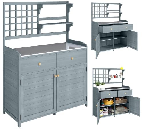 Outsunny Pflanztisch mit Unterschrank aus Holz Outdoor Gartenschrank mit verzinkter Arbeitsplatte 2 Schubladen wetterfest Gärtnertisch Geräteschrank für Garten Balkon Terrasse 104x44x140 cm Hellgrau