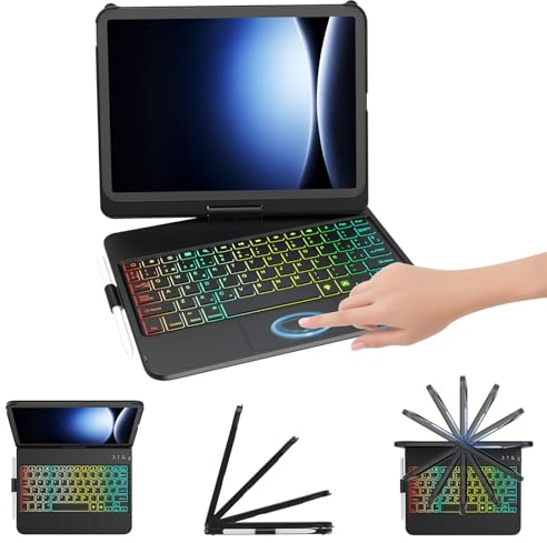 FUWANG Custodia per iPad A16 con tastiera Trackpad a 360° per 11/10° Gen | Tastiera Bluetooth AZERTY, Retroilluminazione 7 Colori, Porta Matita, Layout per iPad 10°/11°