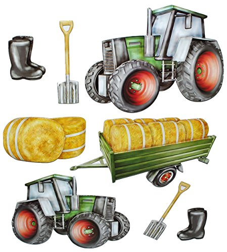 8 TLG. Set: 3-D ! Wandtattoo/XL Sticker aus Pappe - Traktor Bauernhof - selbstklebend Aufkleber/Wandsticker Auto Traktoren Landmaschine auch als Fensterst..