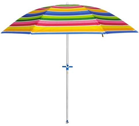 Parasol de plage Ø180 cm en acier, tissu polyester avec protection UPF 50+, système piqué, avec pointe en aluminium et manette, 8 baleines en acier de 3 mm, inclinable, multicolore, Grande