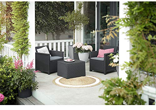 Koll Living Garden Balkon-Set 3-TLG. bestehend aus: 2X Sessel und Kissenbox Tisch - stilvolle Sitzgruppe in Rattan Optik - inklusive Sitzkissen - ergonomische Rückenlehnen für maximalen Sitzkomfort