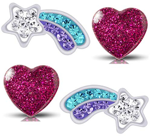 2x Mädchen Kinder Ohrringe aus echt 925 Sterling Silber mit Rundschliff Zirkonia Stern-Schnuppe Edelstahl Herz