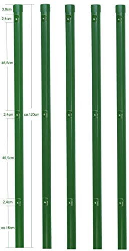 5 Metallpfosten Zaunpfahl aus Metall Ø 34 mm 1200mm lang für 1,0m hohe Metall Zaunanlage aus Maschendrahtzaun in grün RAL 6005. Mit 3 vormontierte Spanndrahthalter und Pfostenkappe.