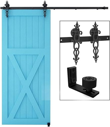 CCJH 6.6FT-200cm Schiebetuer Schiene Set Schiebetürbeschlag System Laufschiene Blütenform Roller Hanger Kit Mit Einstellbar Bodenführung Für eine Tür
