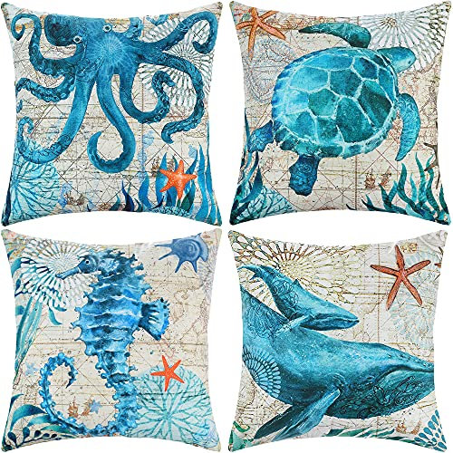 ARNTY Kissenbezug 45x45cm, Kissenhülle Boho Kissenbezüge 4er Set Dekorativ Kissenbezug für Sofa Büro Auto Schlafzimmer Zuhause Dekor (Unterwassertier-Samt)
