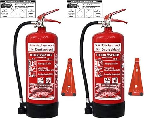 Brandengel® Feuerlöscher 2X 6L Schaum Brandklasse AB DIN EN 3 + GS, Manometer, Wandhalter, Messingarmatur Sicherheitsventil, Standfuß, Schaumlöscher (Mit Prüfnachweis u. Jahresmarke) Haushalt Büro