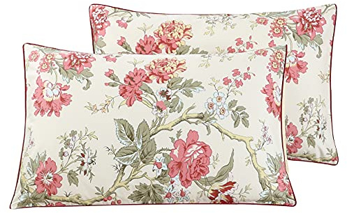 STYHO 100% Egyptian Cotton Floral Printed Decorative Pillow Cases 2 Pack Rectangular Standard Size Luxurious Anti Wrinkle Pillow Cover for Hair and Skin(Pink-Cream,50 x 75cm)