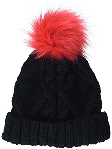 Amazon Essentials Kids' Knitted Faux Fur Pom Beanie-Mütze, Schwarz/Sanftrosa, Einheitsgröße